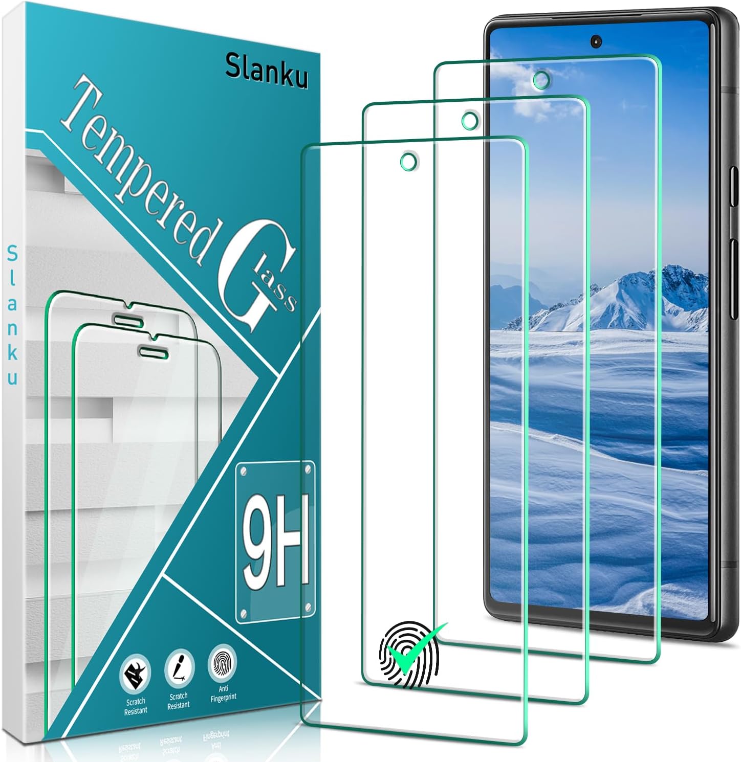 Slanku Paquete de 3 Protector de pantalla para Google Pixel 7a vidrio templado, compatible con lector de huellas dactilares, sin burbujas,