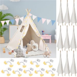 Woanger Juego de 10 tiendas de campaña tipo tipi para niños, de lona de algodón blanco, con luces LED de estrella de 10 pies, tipi para interiores, Woanger Juego de 10 tiendas de campaña tipo tipi para niños, de lona de algodón blanco, con luces LED de estrella de 10 pies, tipi para interiores,
