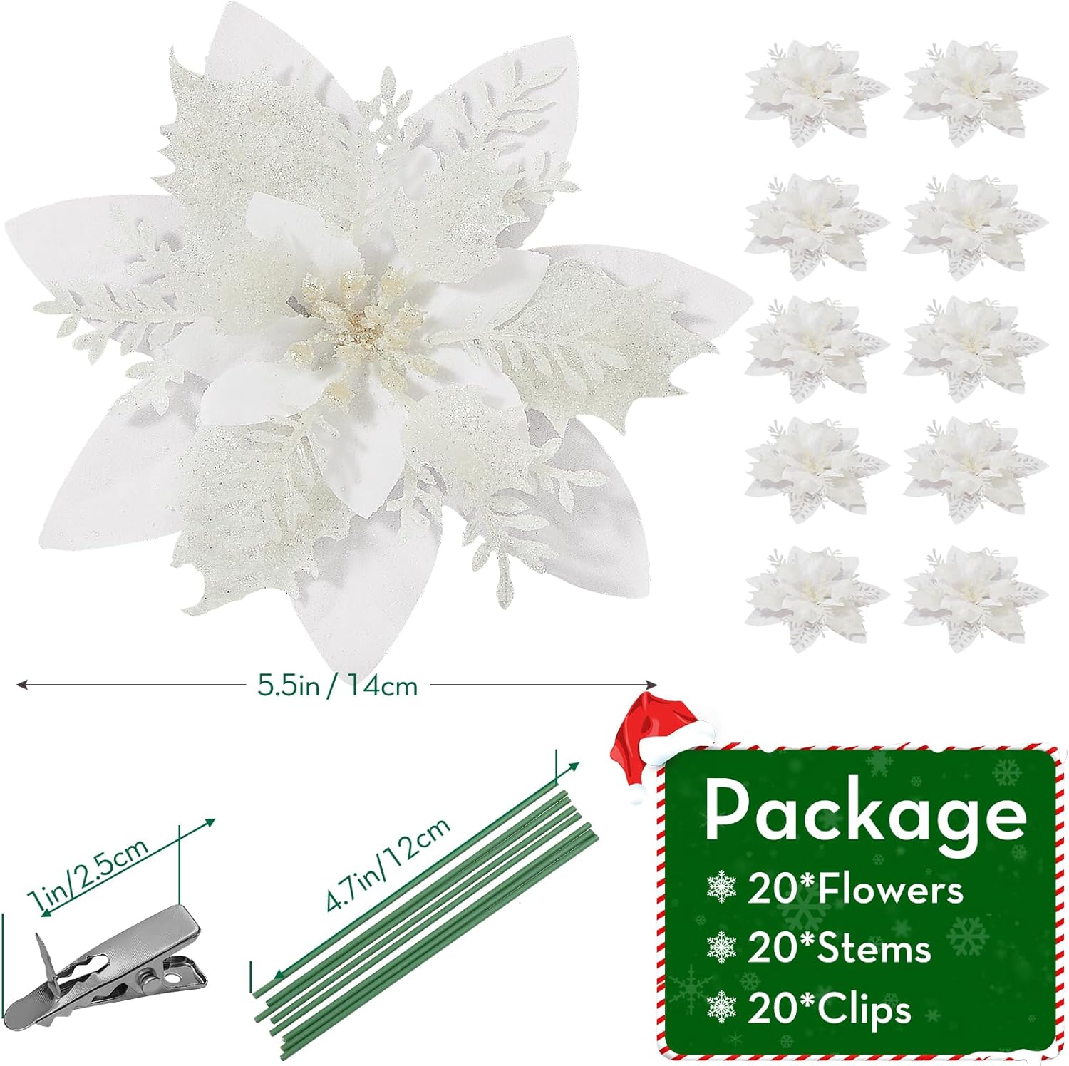 Serwalin 20 flores de Navidad artificiales blancas de 5.5 pulgadas, decoraciones con clips, tallos con purpurina, adornos de árbol de Navidad, boda,