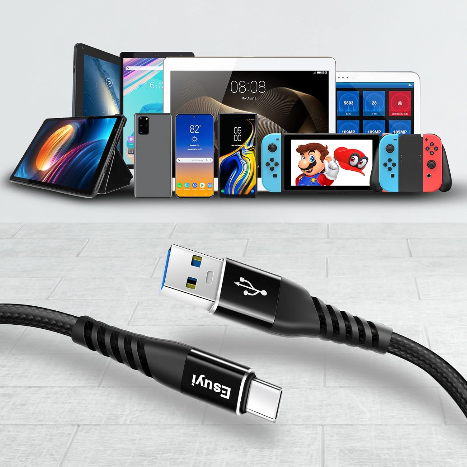 Esuyi Cable USB tipo C, 3.1A de carga rápida QC3.0, paquete de 5 unidades de 3.3 pies, 3.3 pies, 6.6 pies, 6.6 pies, 10 pies, USB-C a USB-A, cable