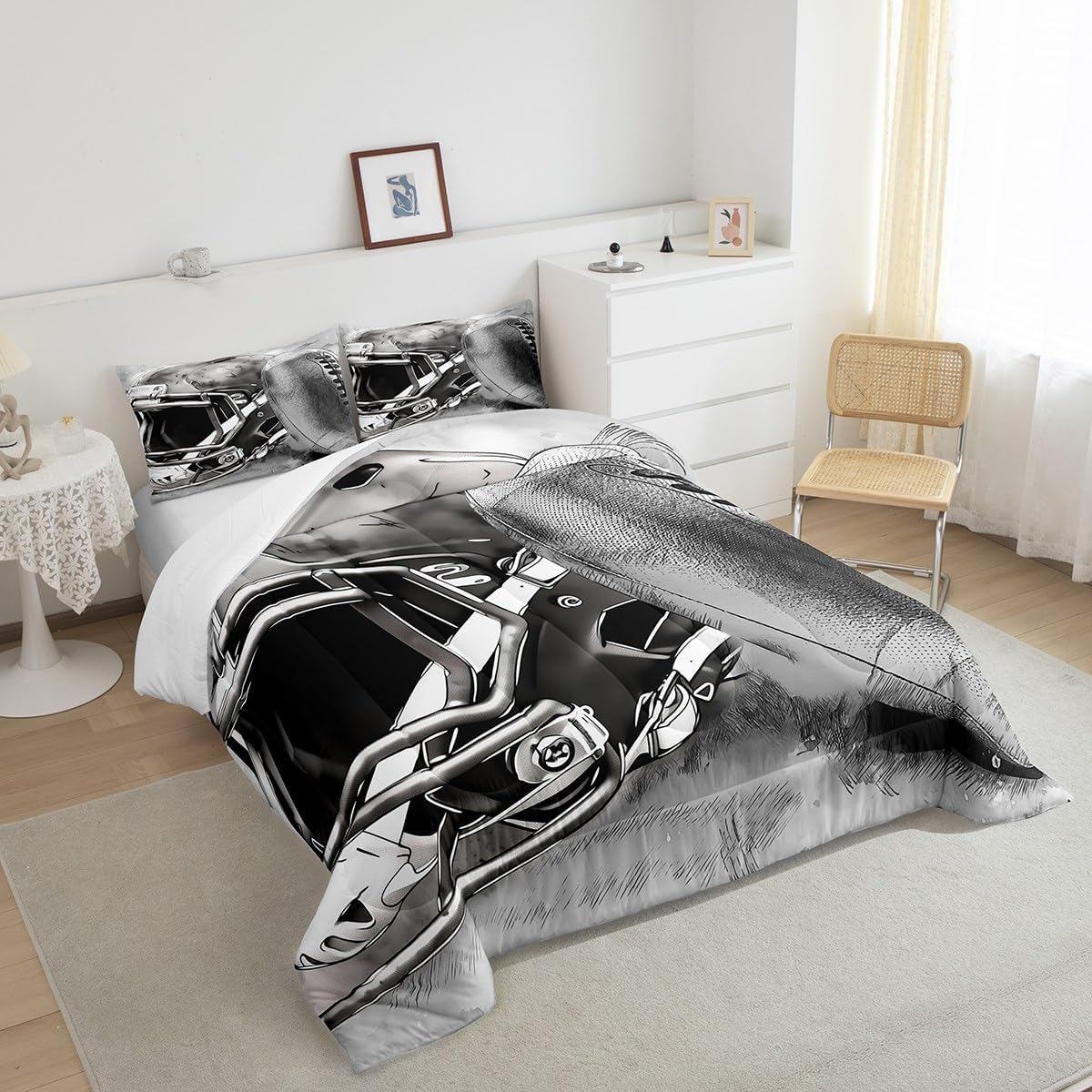 Erosebridal Juego de edredón gris para niños y adolescentes, juego de ropa de cama con temática deportiva, edredón acolchado con pintura de bocetos,