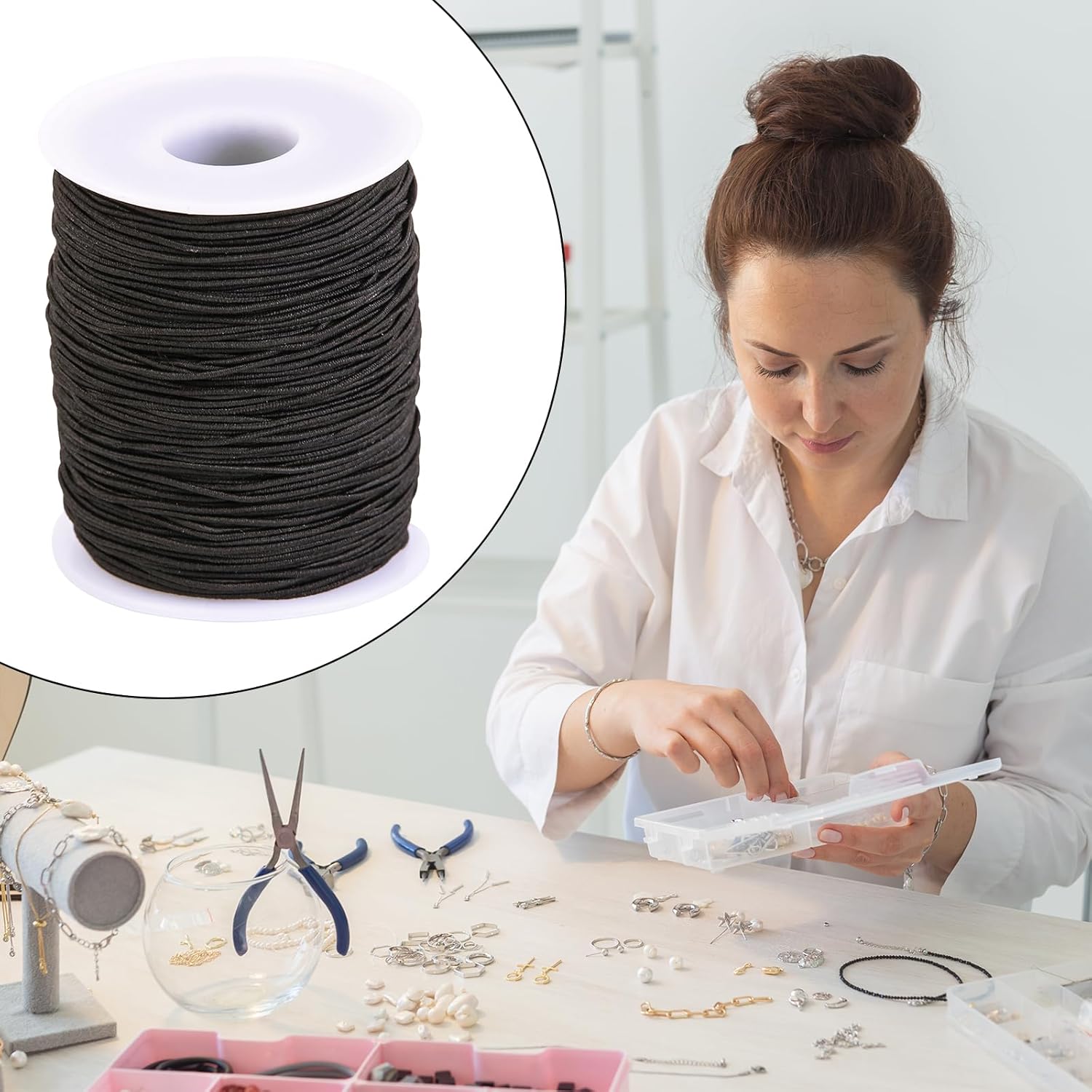 Cuerda elástica para pulseras, 0.039 pulgadas, 330 pies, color negro, cuerda elástica para hacer joyas, collares, cuentas, cuerda para manualidades,