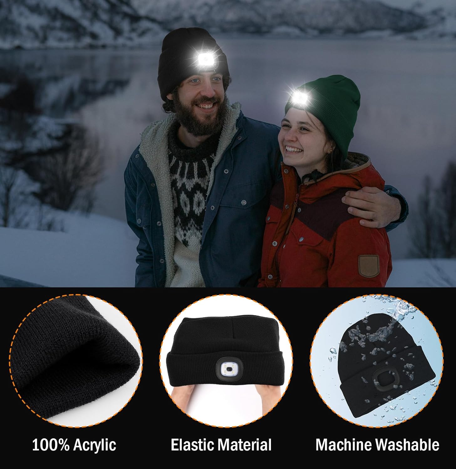 Hatlight Regalos de Navidad para hombres Unisex LED Beanie con dos lámparas manos libres Kint faro sombrero con luz (negro)
