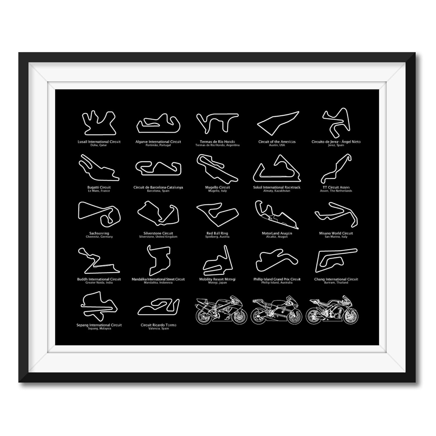 MotoGP Race Track Inspired Motorcycle Poster – Handmade Print of Motorcycle Racing Circuits 2024 – Landscape Black, 8×10″ Satin Print (Unframed) –
