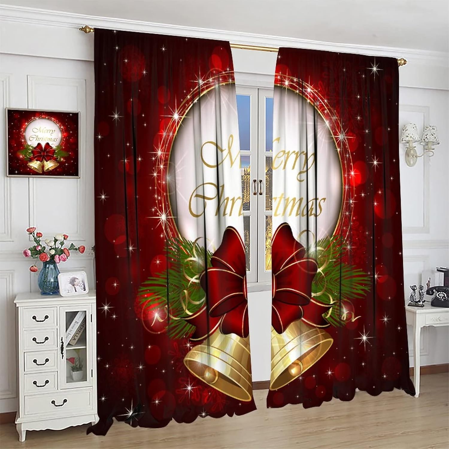 Cortina opaca de Navidad para ventana, campanas de Navidad, festivales, decoración de atmósfera, cortina para sala de estar, habitación de los