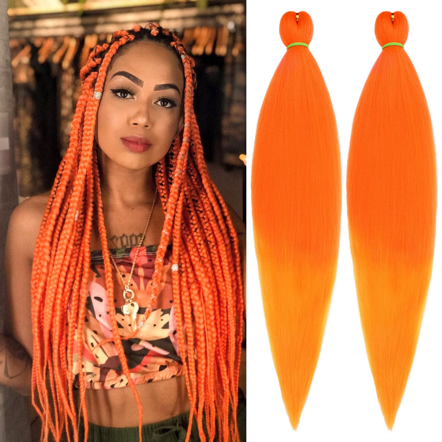 Leeven Cabello trenzado preestirado de 30 pulgadas, paquete de 2 extensiones de cabello trenzado naranja preestirado sin picazón, trenzas trenzadas