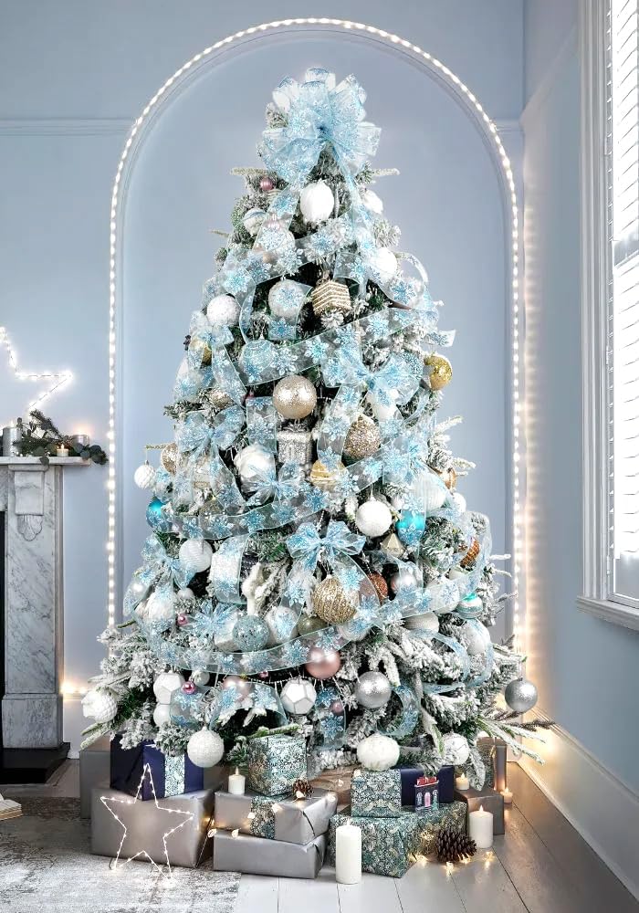 HUIHUANG Cinta de copo de nieve con purpurina, cinta de copo de nieve azul y blanca para árbol de Navidad, 2-12 pulgadas x 25 yardas, cinta de