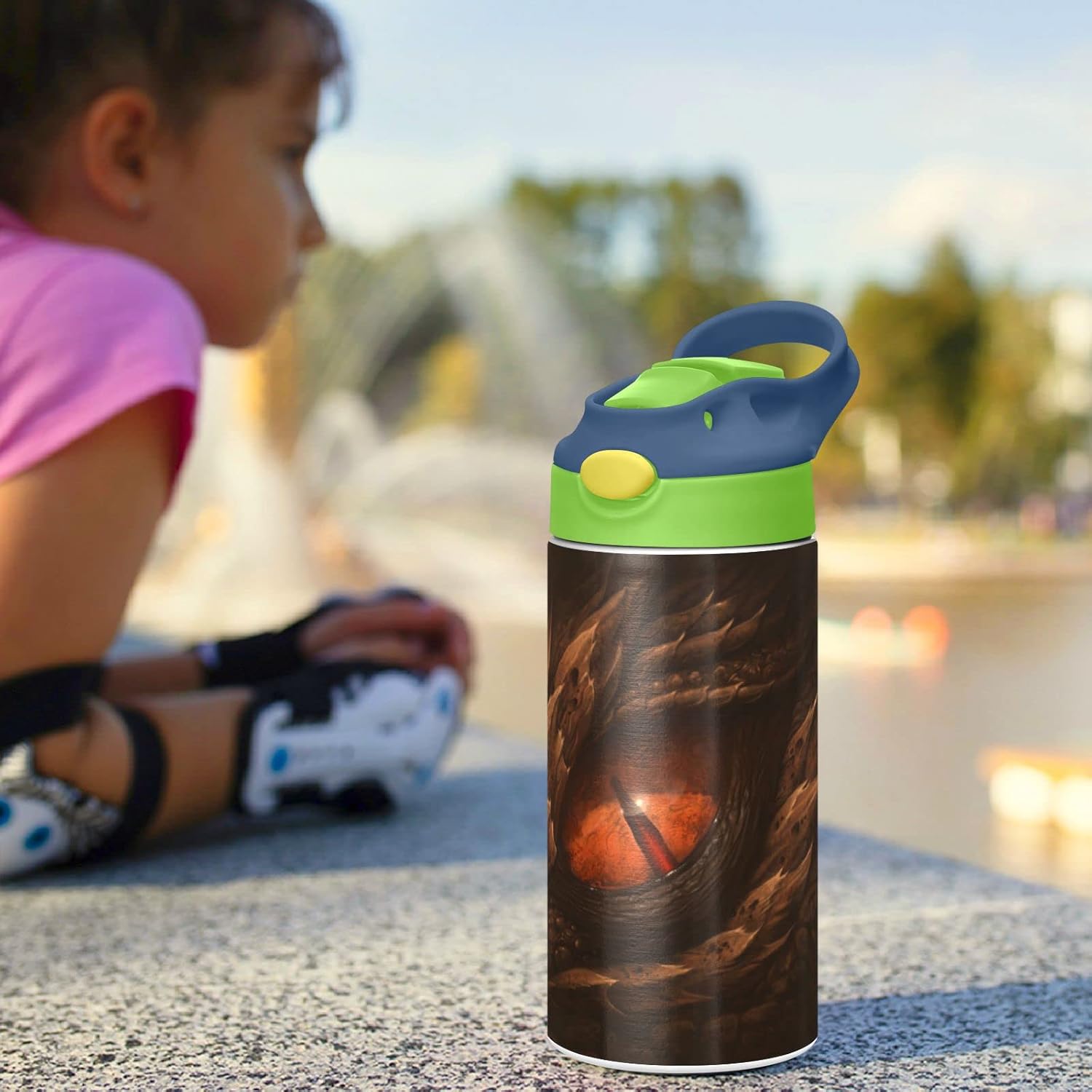 Botella de agua aislada para niños de 12 onzas con tapa con pajilla, vaso de viaje al vacío de doble pared de acero inoxidable, reutilizable, ojo de
