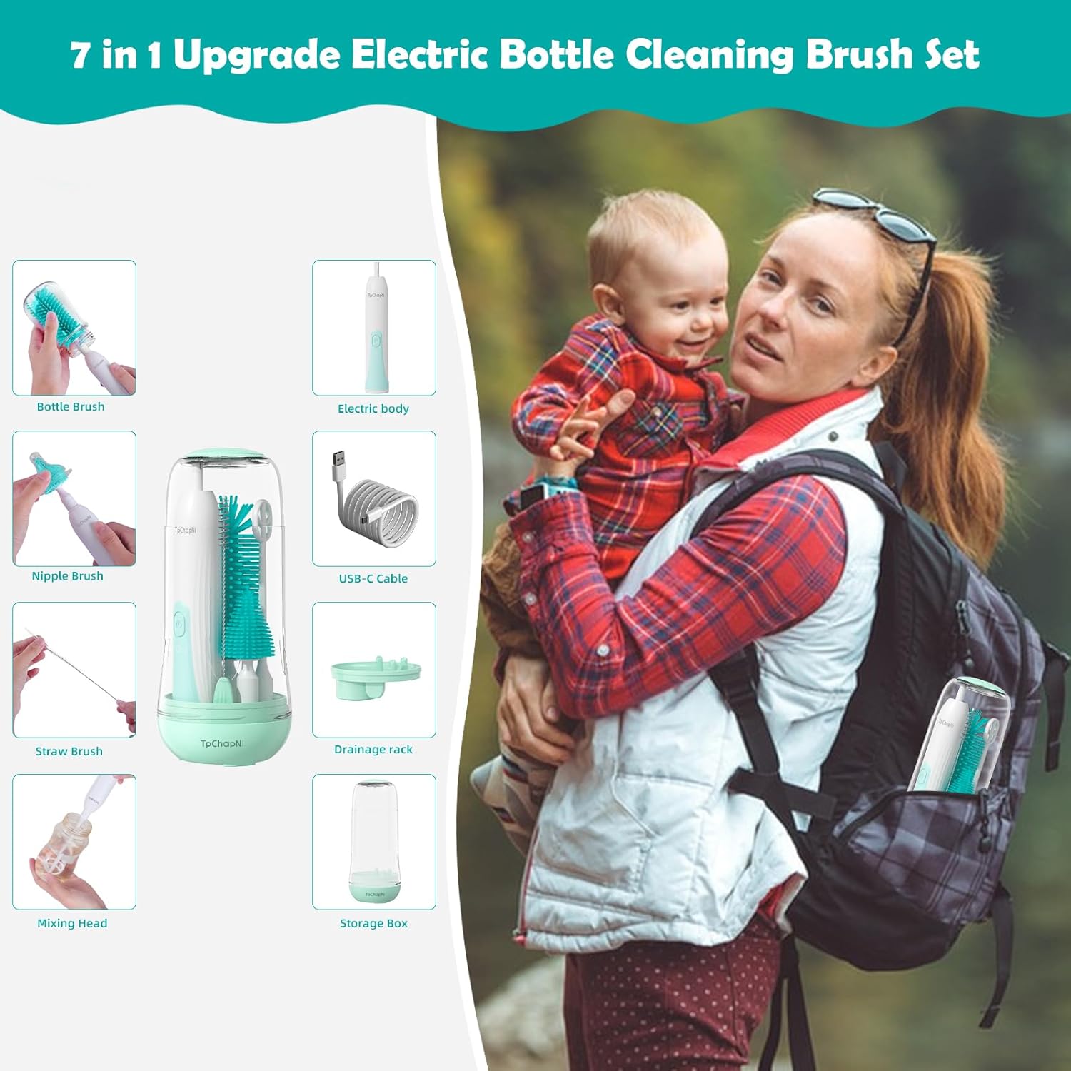TpChapNi Juego de cepillos eléctricos para biberones de viaje, limpiador de cepillo eléctrico para botellas, Kit de limpiador de botellas de bebé 6