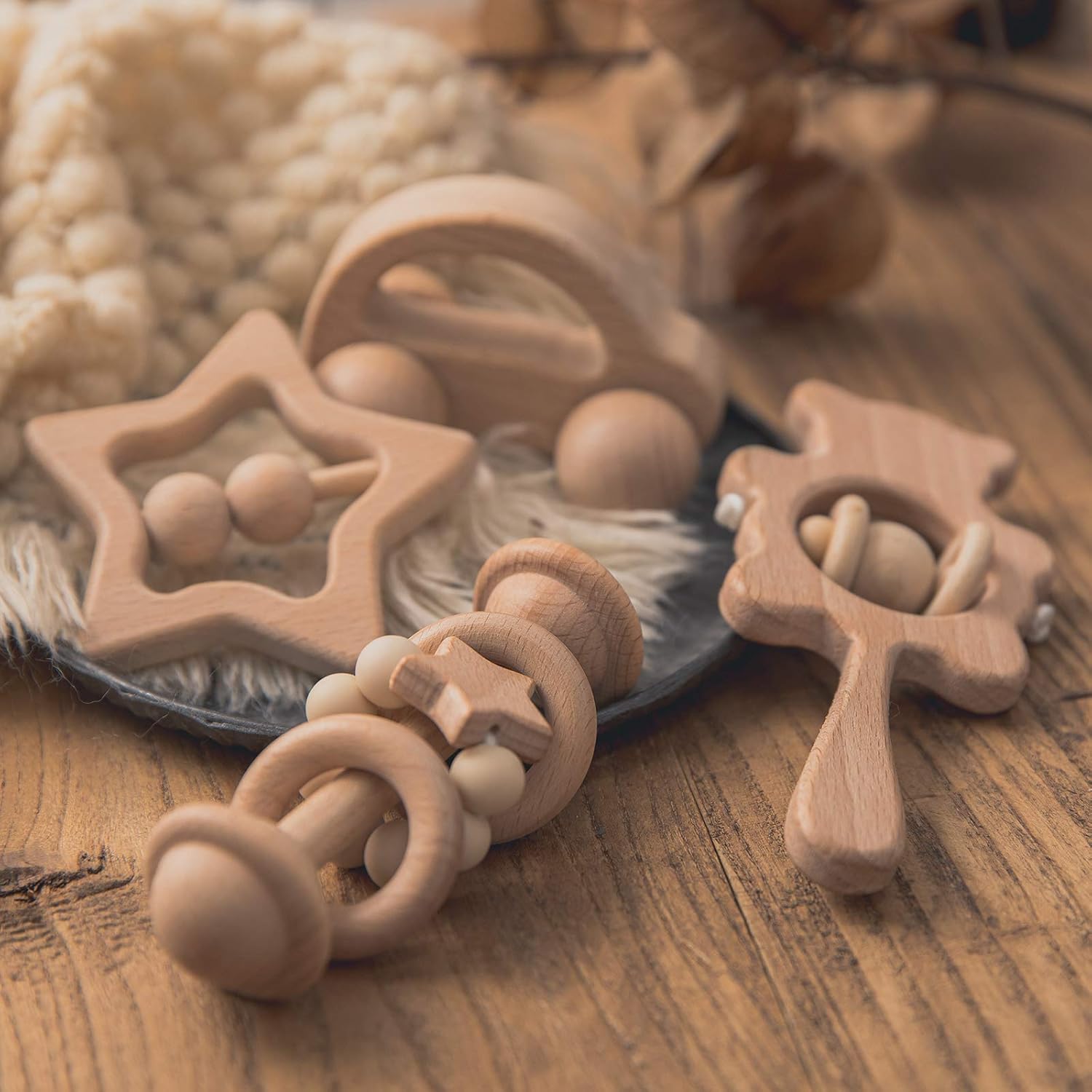 Juego de juguetes de madera para bebés – Juego de sonajeros de madera  4 juguetes de madera hechos a mano  Juguetes de madera para bebés de más de
