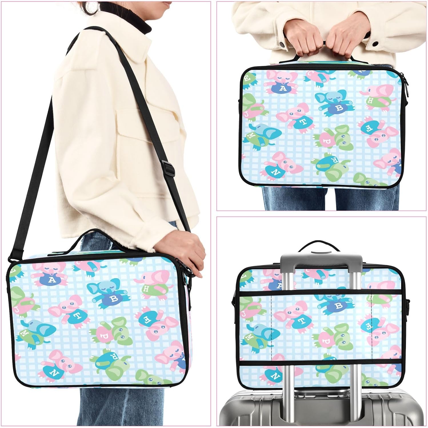 Elefante de dibujos animados a cuadros azul capacidad bolsa de cosméticos bolsa de aseo kit de viaje maquillaje bolsas de maquillaje mujeres bolsa