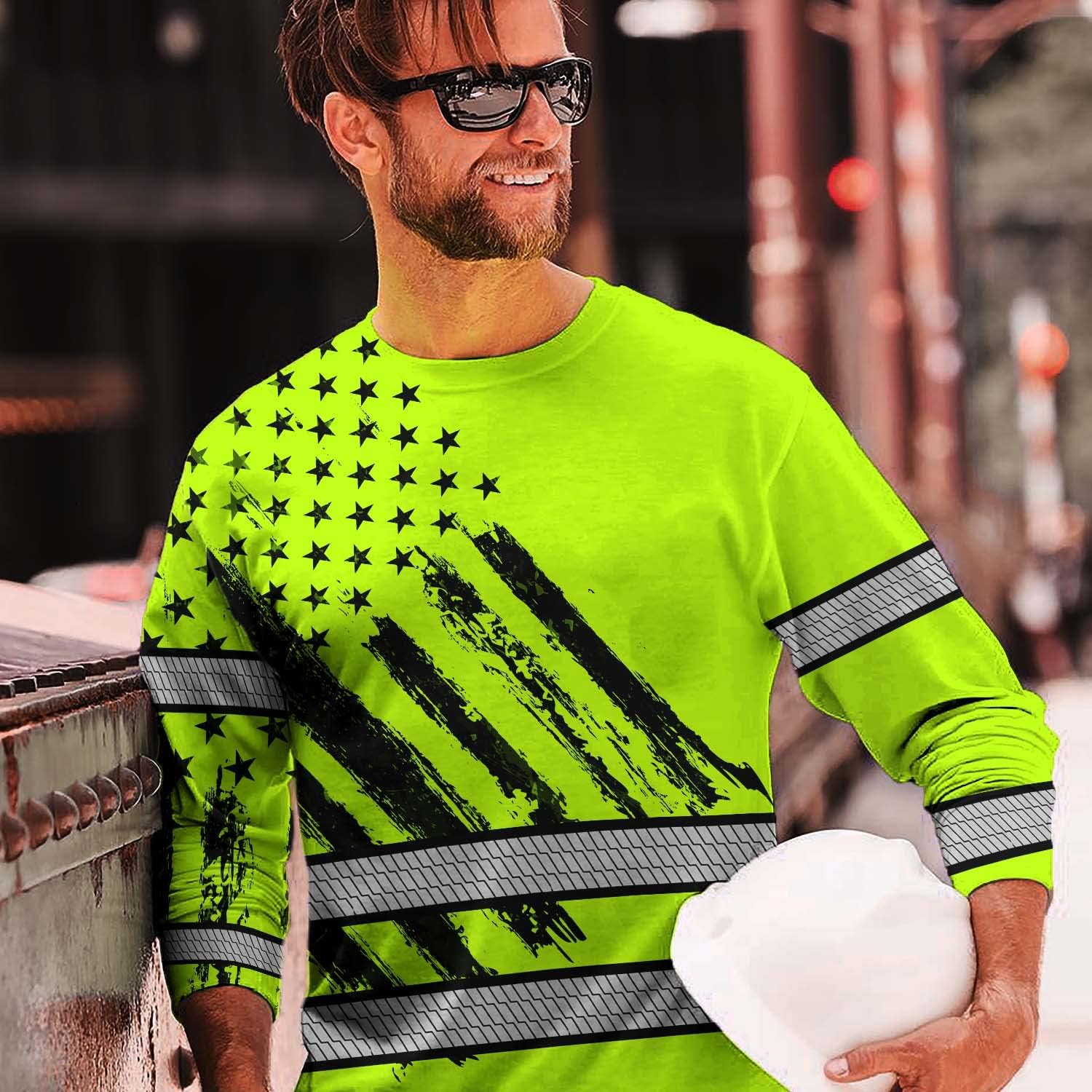 Matedecor Camisa de alta visibilidad de camuflaje con bandera de Estados Unidos para hombres y mujeres, camisas de seguridad reflectantes con nombre