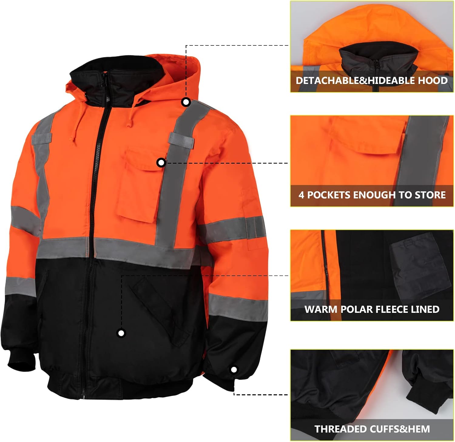 Chaquetas de seguridad reflectantes de alta visibilidad para hombre, forro polar ANSI Clase 3 Hi Vis, chaqueta bomber de invierno con capucha
