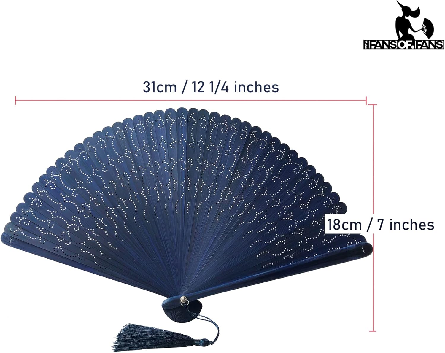 FANSOF.FANS Abanico plegable de madera azul marino grabado con una bolsa (HQF17)