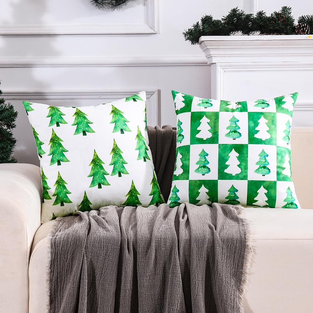 JOJOGOGO Juego de 4 fundas de almohada de 18 x 18 pulgadas para decoración de Navidad de color verde esmeralda para árbol de Navidad, fundas de