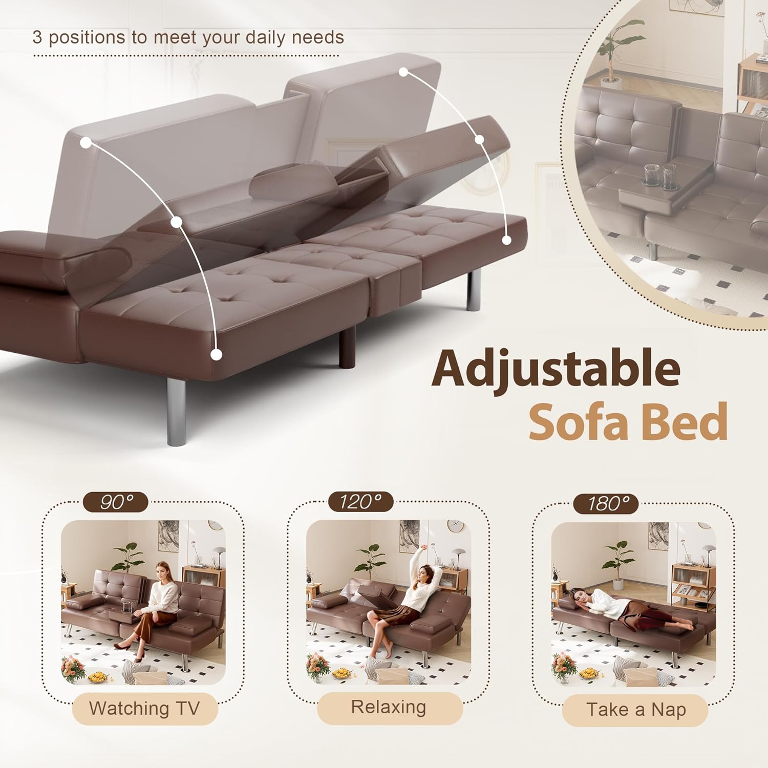 Sofá cama tipo futón plegable convertible para sala de estar, sofá biplaza tapizado de piel sintética con reposabrazos extraíbles, patas de metal, 2