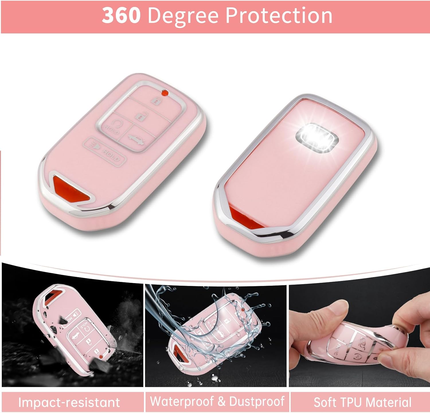 Funda de llavero rosa para Honda, funda de TPU suave con llavero brillante para Honda Accord Civic CRV Pilot Odyssey Smart Key Holder