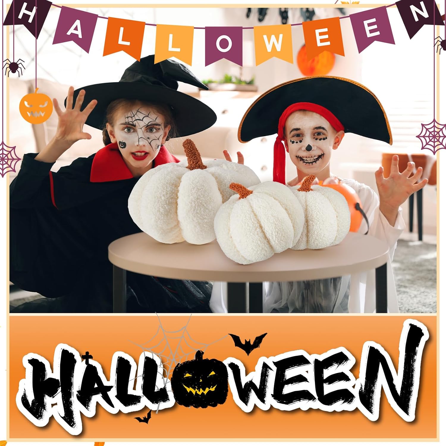 Calabaza de peluche de Halloween en forma 3D decorativa de Acción de Gracias almohada suave y linda, 11 pulgadas, 7 pulgadas (blanco, 3 piezas)