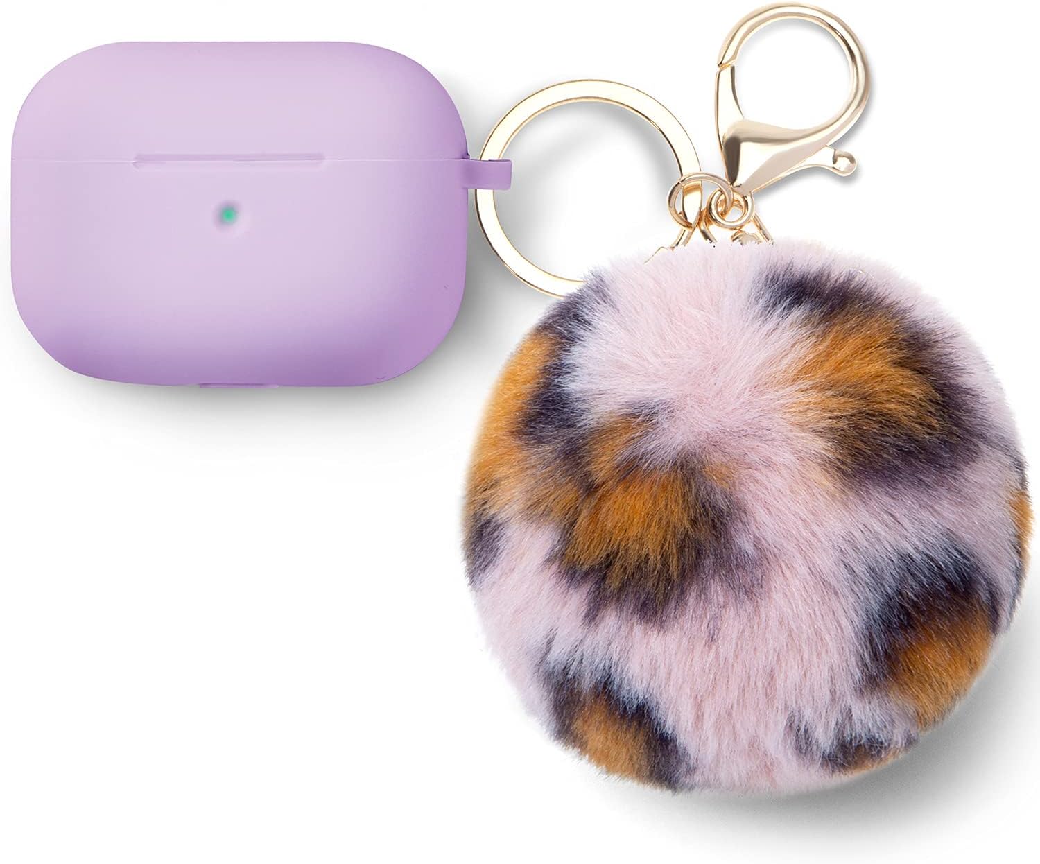 Funda protectora de silicona para Airpods Pro con pompón en forma de bola soporta carga inalámbrica con llavero LED frontal visible (funda lila +