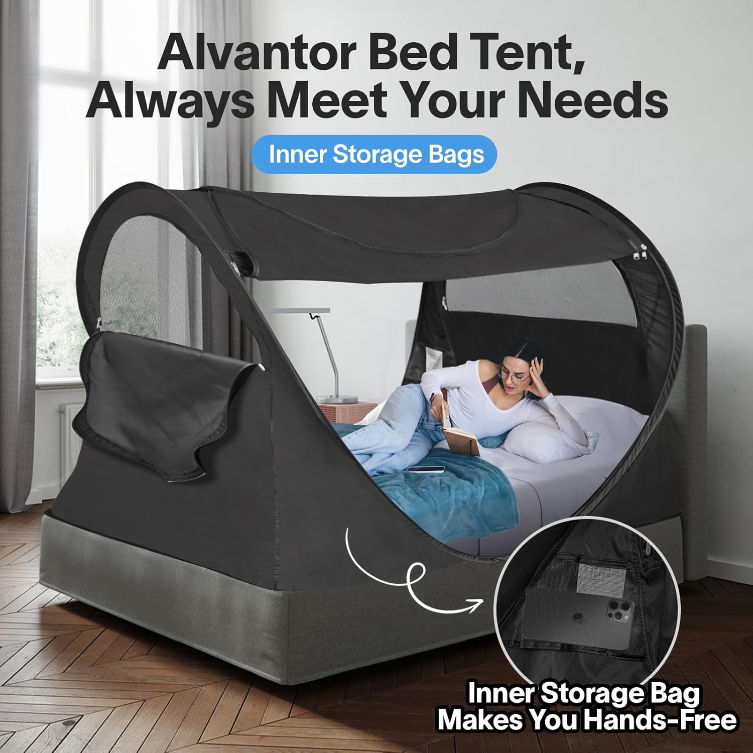 Alvantor Tienda de campaña para cama de tamaño matrimonial, toldo de cama desplegable de fácil instalación, opaca y de malla transpirable, tienda de