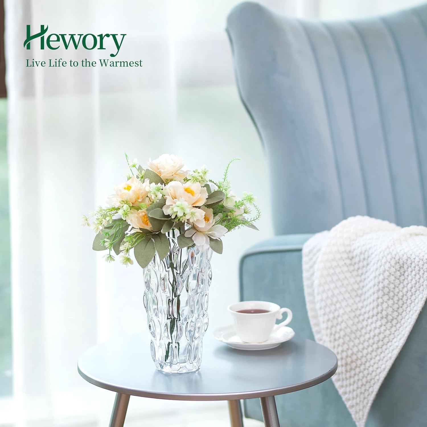 Hewory – Florero grande de cristal para flores, florero de ramo de flores de cristal transparente adornado de 9.5 pulgadas de alto para centros de