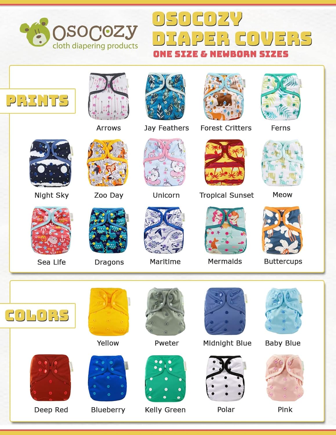OsoCozy Fundas de pañales de tela reutilizables de talla única, ajuste a presión ajustable y refuerzos de doble pierna. Se adapta a bebés de 8 a 35