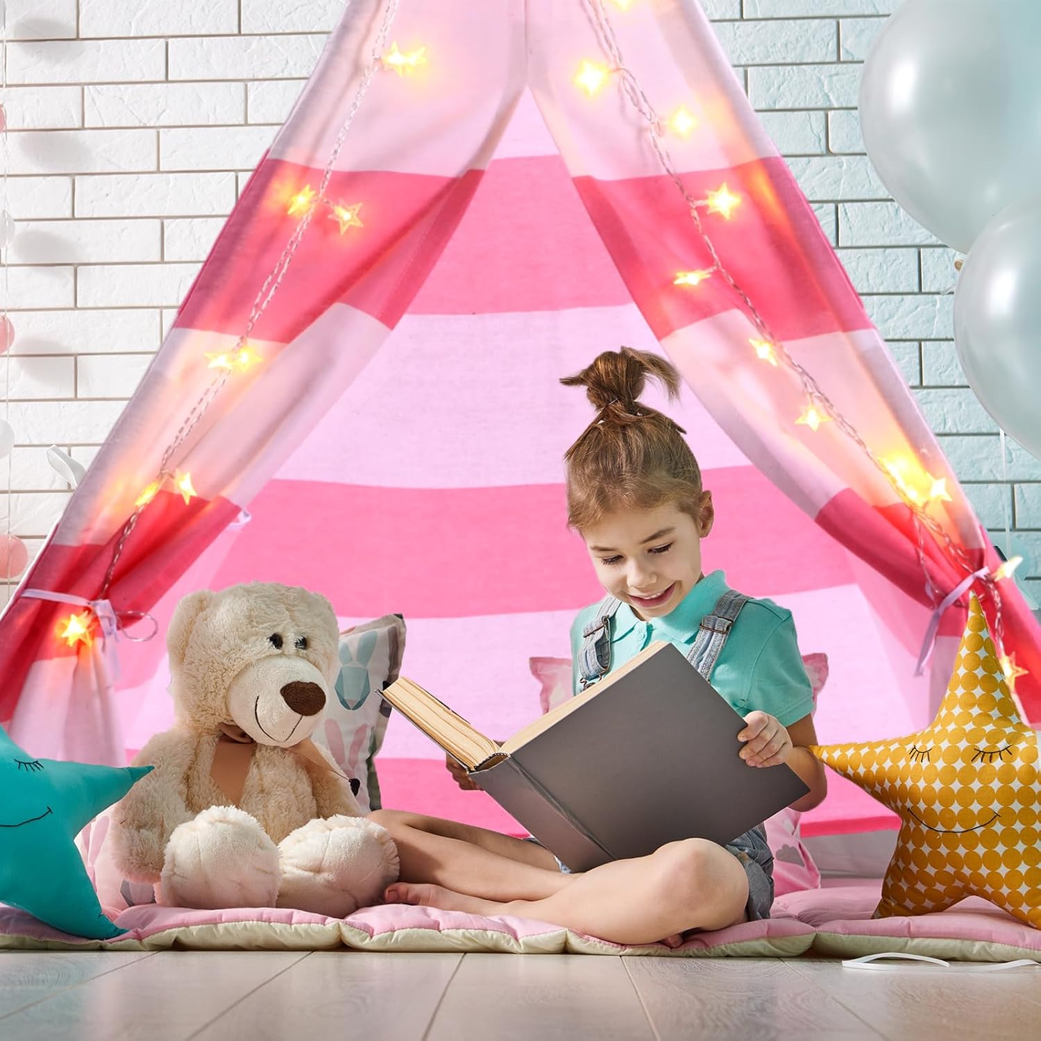 Juego de 4 tiendas de campaña para niños con cadena de luz de estrella de 20 pies, tienda de campaña plegable de tela de algodón para niños, regalo