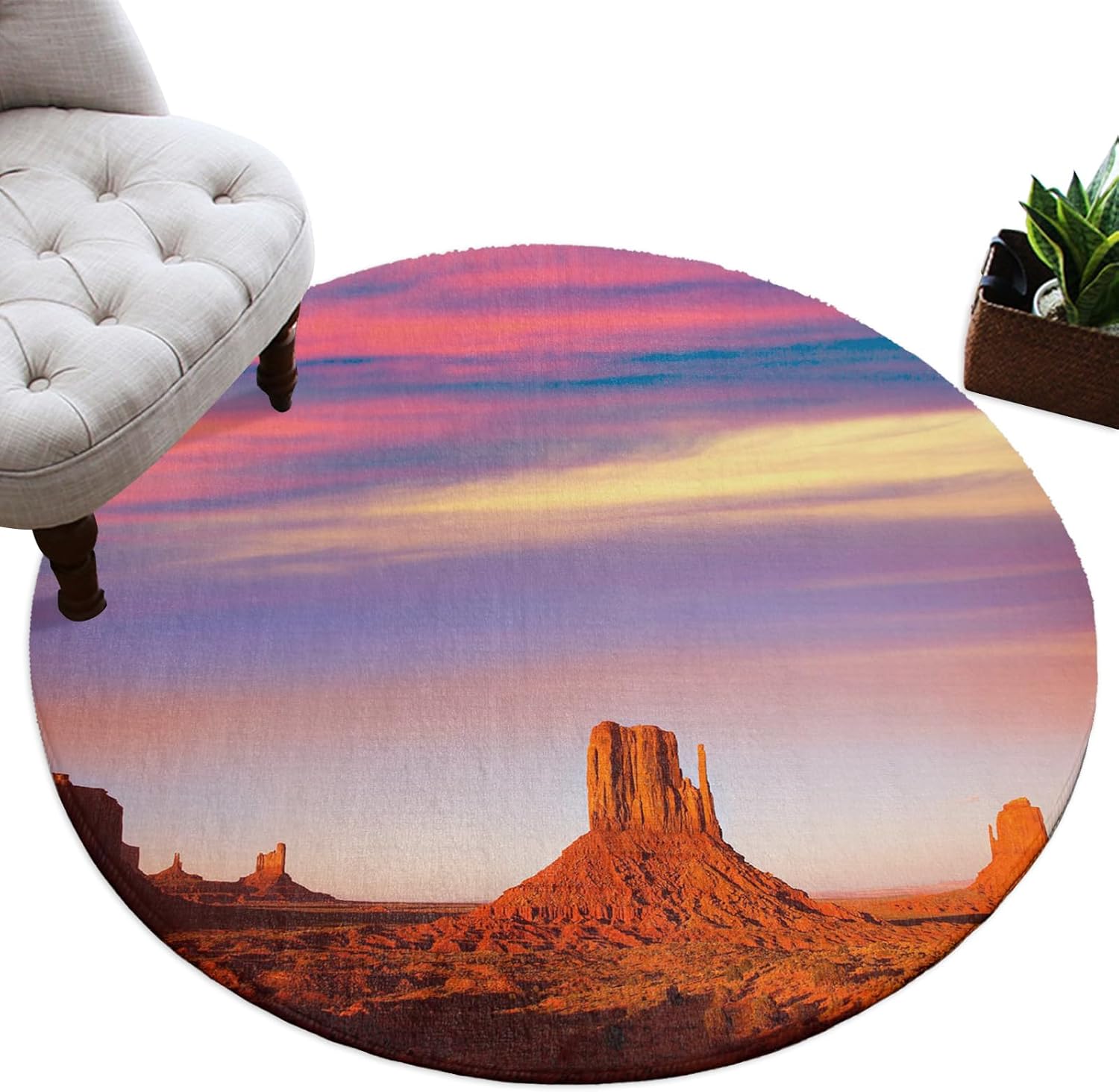 Round Rug 3Ft, Desert Dreamy Sunset Sundown Sky Natural Sand Building Landscape Soft Round Area Rug Machine Washable Non-Slip Circle Rug Carpet