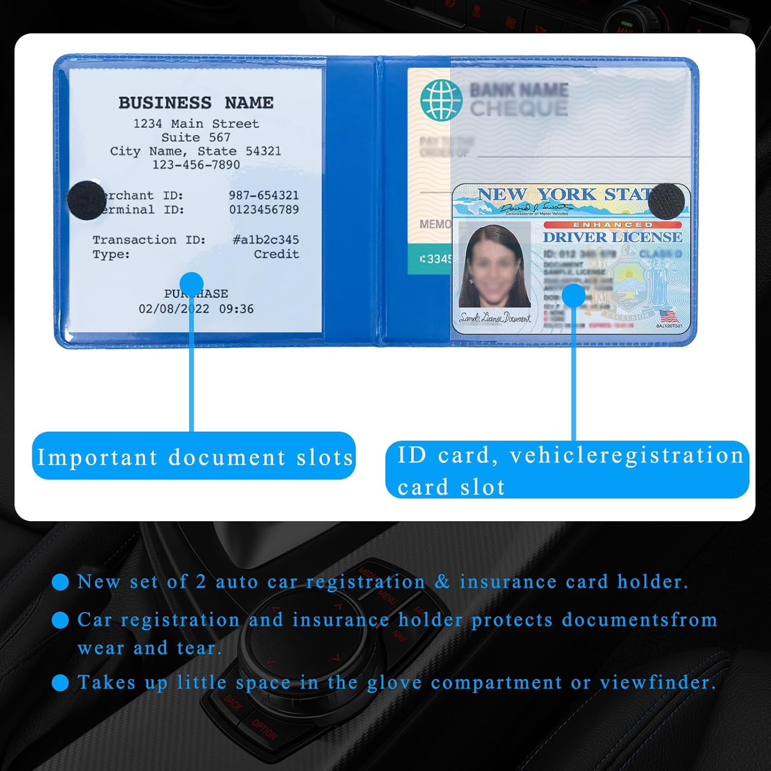 Paquete de 2 soportes de seguro de registro de automóvil, organizador esencial de guanteras de tarjetas de automóvil, accesorios interiores de