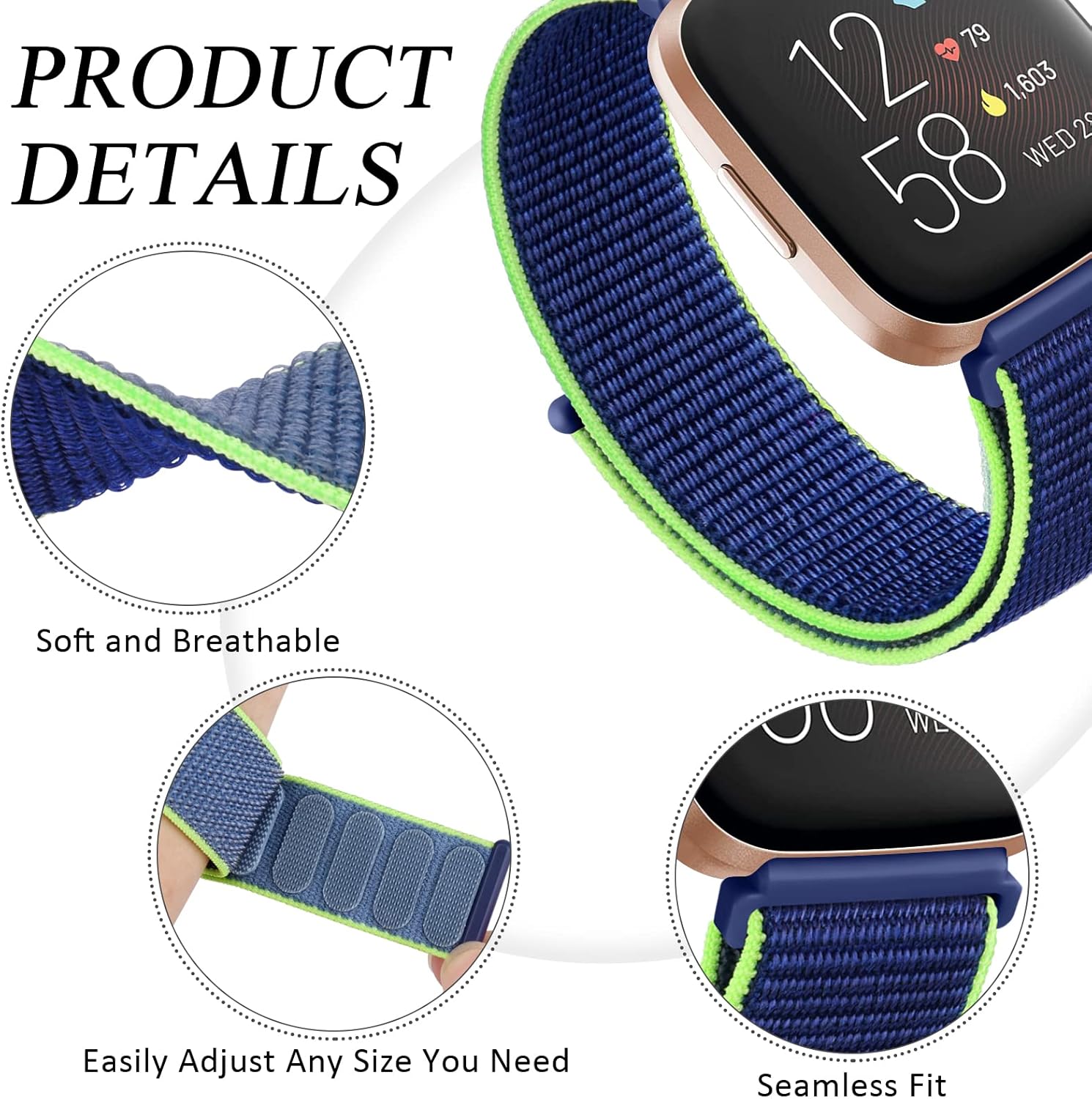 Bandas de nailon compatibles con Fitbit Versa 2, Fitbit Versa Lite, Fitbit Versa, correa de repuesto suave ajustable transpirable para mujeres y