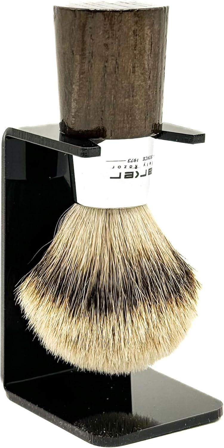 Parker – Brocha de afeitar hecha a mano, 100% de 3 bandas con mango de tejón plateado de nogal y cromo, incluye soporte para cepillo