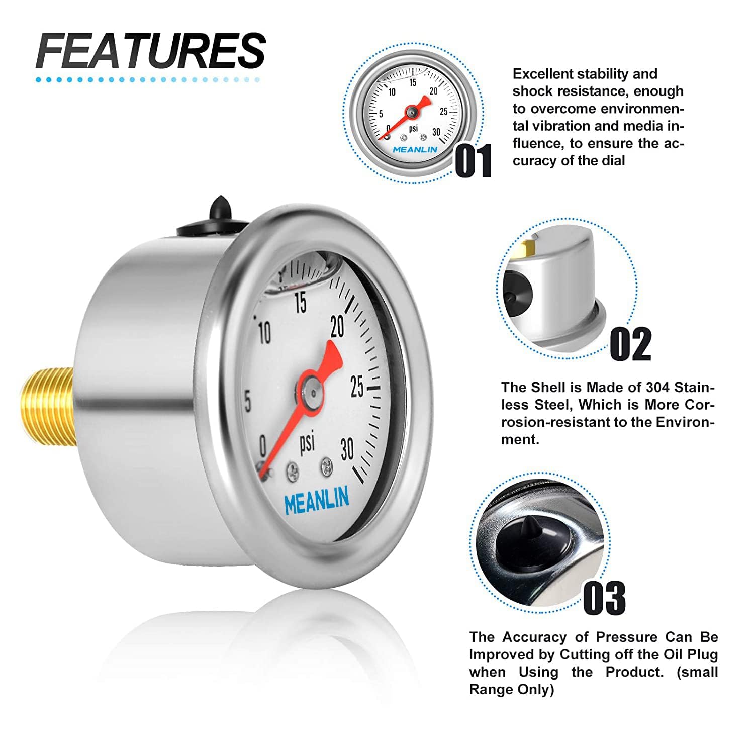 MEANLIN MEASURE Medidor de presión de 0  30 psi, esfera con cara NPT de 1.5 pulgadas con relleno de glicerina, acero inoxidable con relleno de