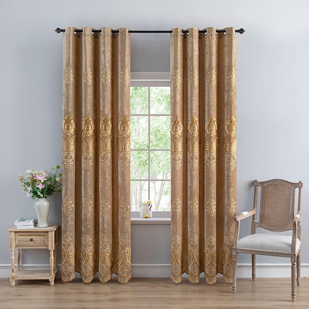 ELKCA Juego de cortinas europeas de felpilla con patrón bordado para sala de estar, con ojales en la parte superior (52 pulgadas de ancho x 84