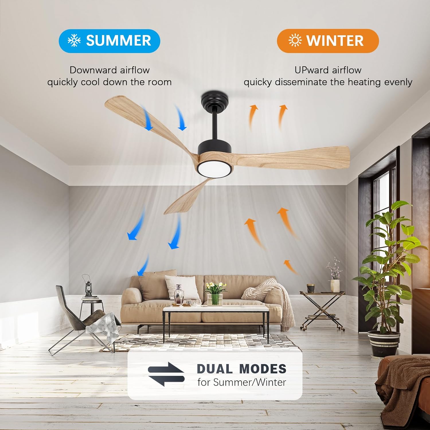 raccroc Ventilador de techo de 52 pulgadas, ventiladores de techo de madera con luces y control remoto, ventilador de techo moderno de 22 W con