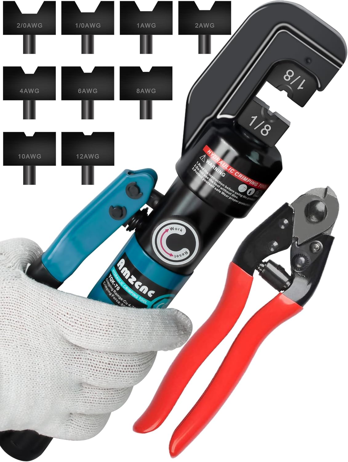 AMZCNC Kit de herramientas de prensado hidráulico con 9 troqueles de cable de cobre estándar de Estados Unidos (12AWG a 20AWG) y troqueles de acero