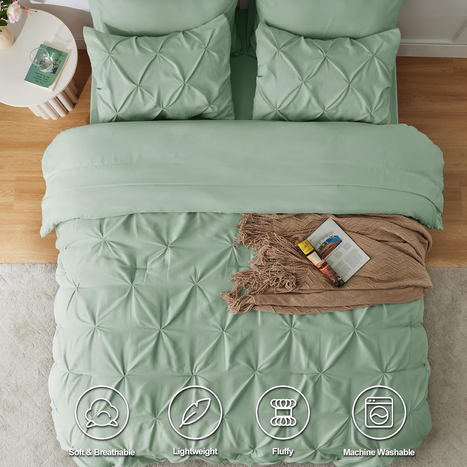 CozyLux Juego de edredón Queen de 7 piezas, tamaño Queen, color verde salvia, juego de ropa de cama plisada en una bolsa con edredón para todas las