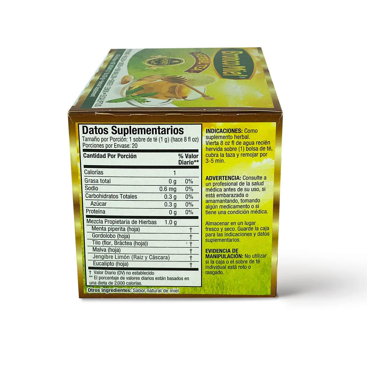 BRONCOMIEL Bolsas de té – Té de hierbas de miel para tos y dolor – Té de eucalipto, jengibre y limón – Sabor dulce a miel – Fácil de preparar –
