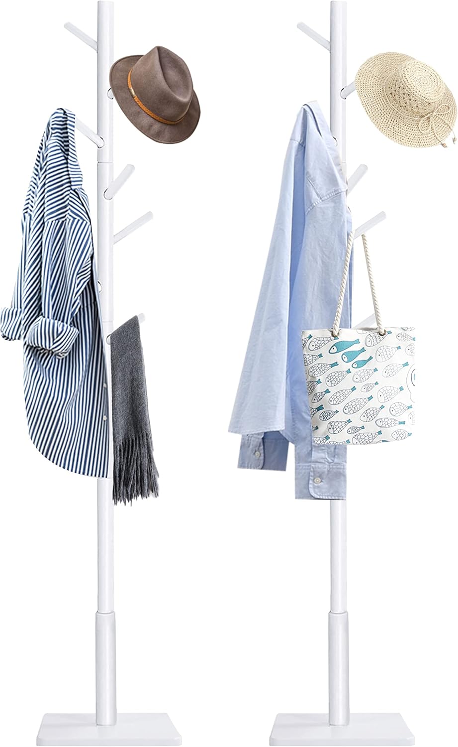 Yawinhe Perchero de pie, perchero de madera con 3 opciones de altura y 8 ganchos, base cuadrada resistente, perchero para pasillos, salas de estar,