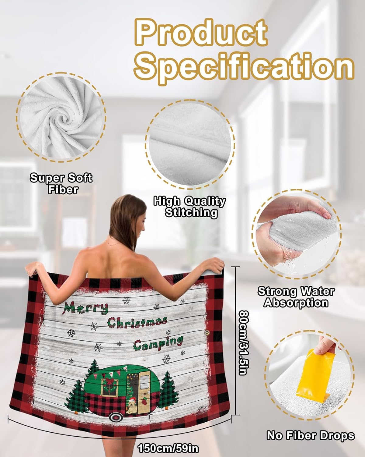 Shower Wrap Robe for Women Bath Body Towel Wrap Spa Merry Christmas Soft Absorbent Bathrobe with Adjustable Snap Closure Button Design Bathroom