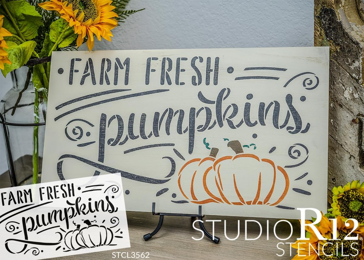 StudioR12 – Plantilla de calabazas frescas de granja  Decoración para el hogar con escritura de otoño  Pintar carteles de madera de cosecha de otoño