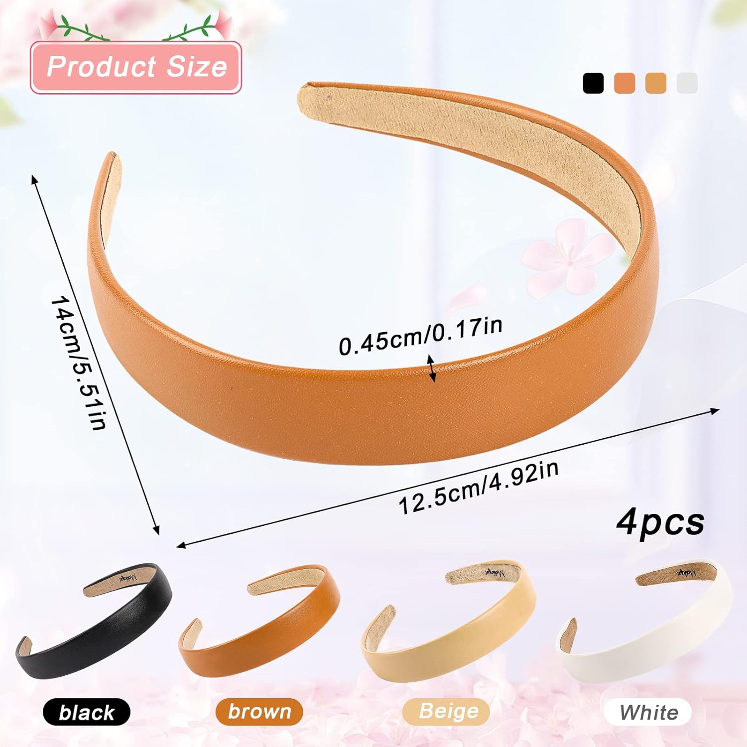 Vin Beauty Paquete de 4 diademas de cuero sólido para mujer, diadema antideslizante de 1 pulgada de ancho, elegantes y suaves, de poliuretano,