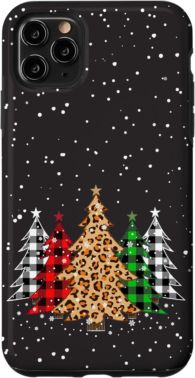 iPhone 11 Pro Max árboles de Navidad con estampado de cuadros y leopardo