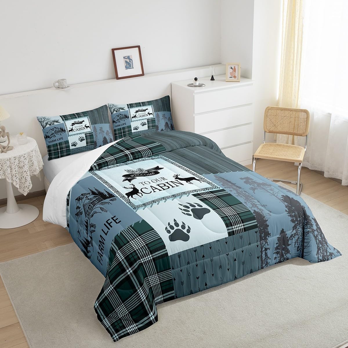 Manfei Rutic Farmhouse – Juego de edredón tamaño King, juego de ropa de cama de retazos de madera a cuadros de ciervo, oso, árbol, 3 piezas para
