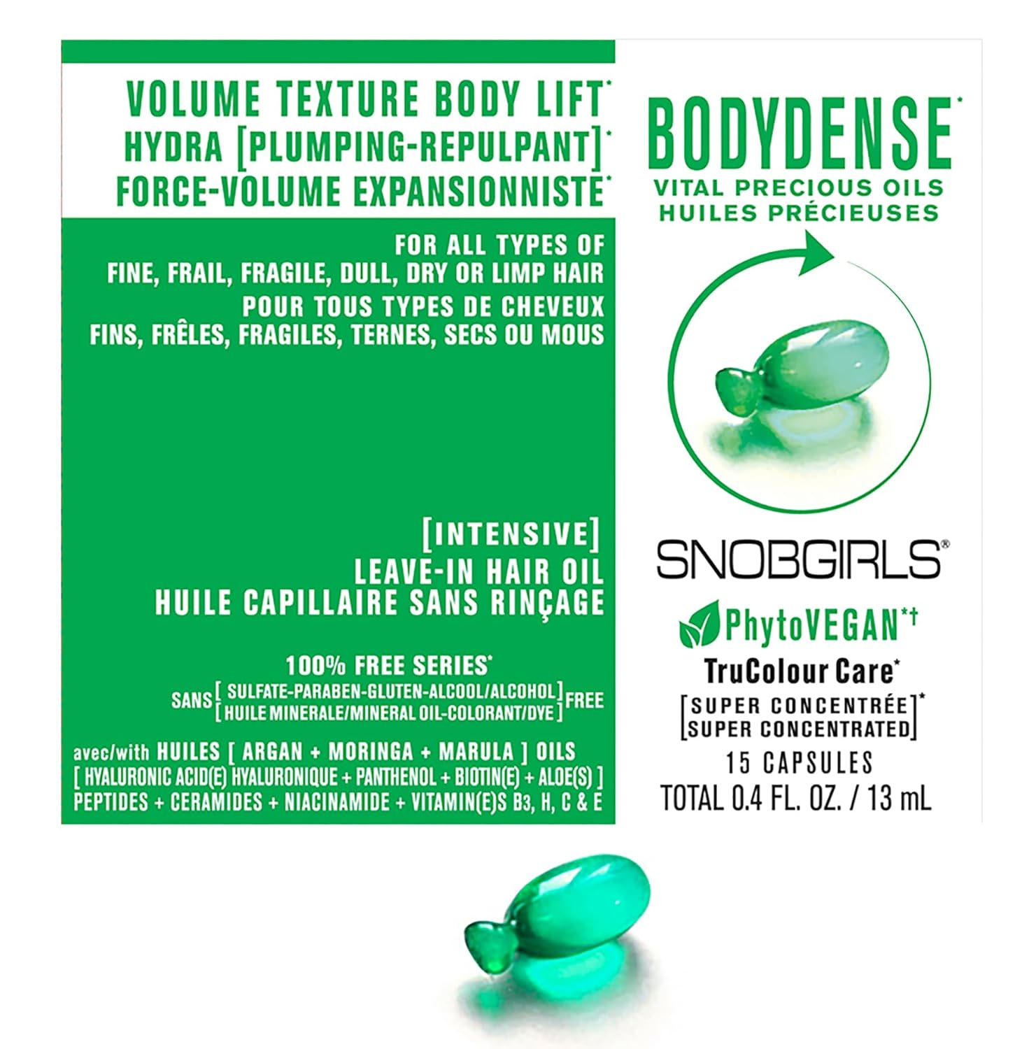 SNOBGIRLS BODYDENSE – Aceite vegano para el cabello con aceite de argán, ácido hialurónico, aceite de moringa, aceite de marula y vitaminas para