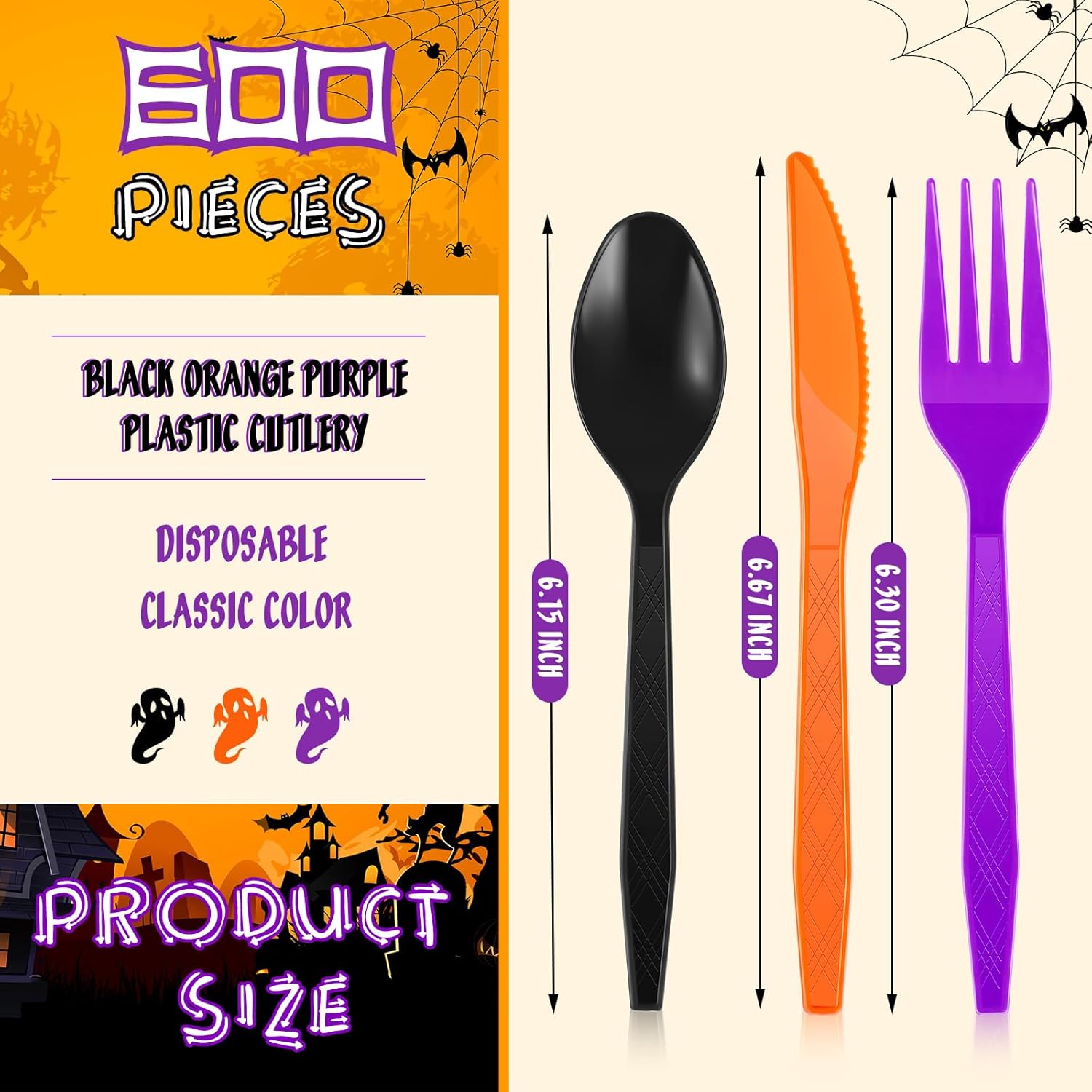 Hoolerry Juego de 600 cubiertos de plástico para Halloween, tenedores, cucharas y cuchillos, incluye 200 tenedores, 200 cucharas y 200 cuchillos