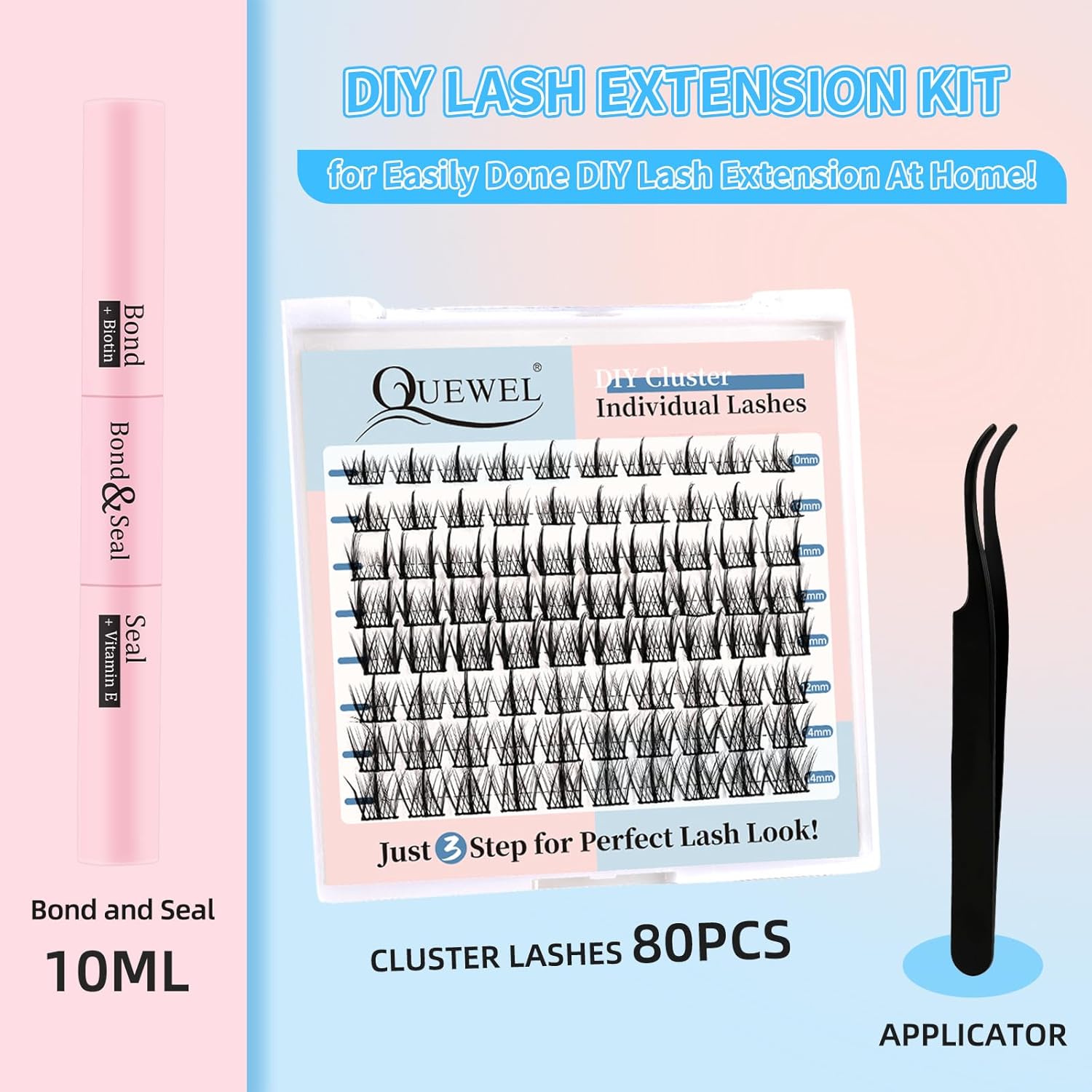 QUEWEL – Kit de extensiones de pestañas en grupo con pegamento de adhesión y sellado impermeable y de larga duración, incluye herramienta