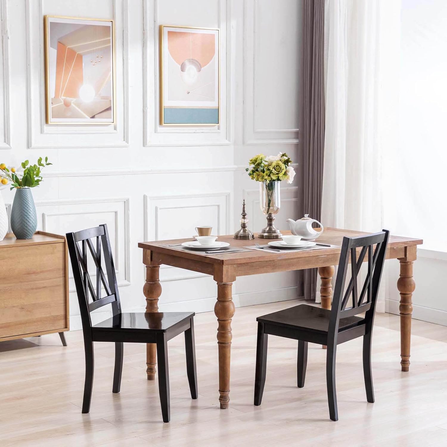 Duhome – Juego de 2 sillas de comedor de madera de goma con respaldo cruzado, sillas de mesa naturales para cocina en casa, base negra