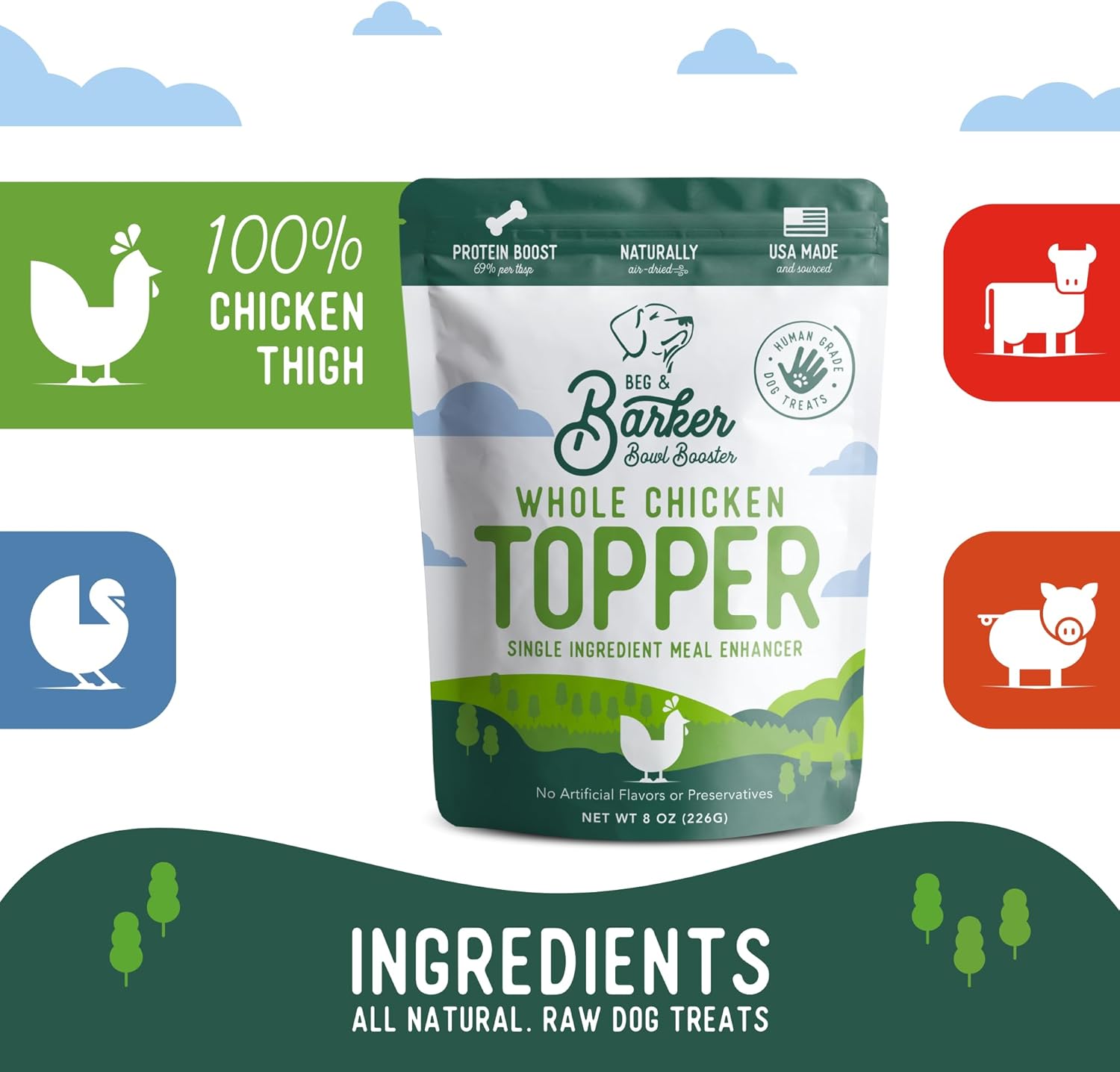 Beg & Barker Toppers de comida de pollo para perros quisquillosos (8 onzas, paquete de 1) – Tazón potenciador con pollo entero – Mezcladores de