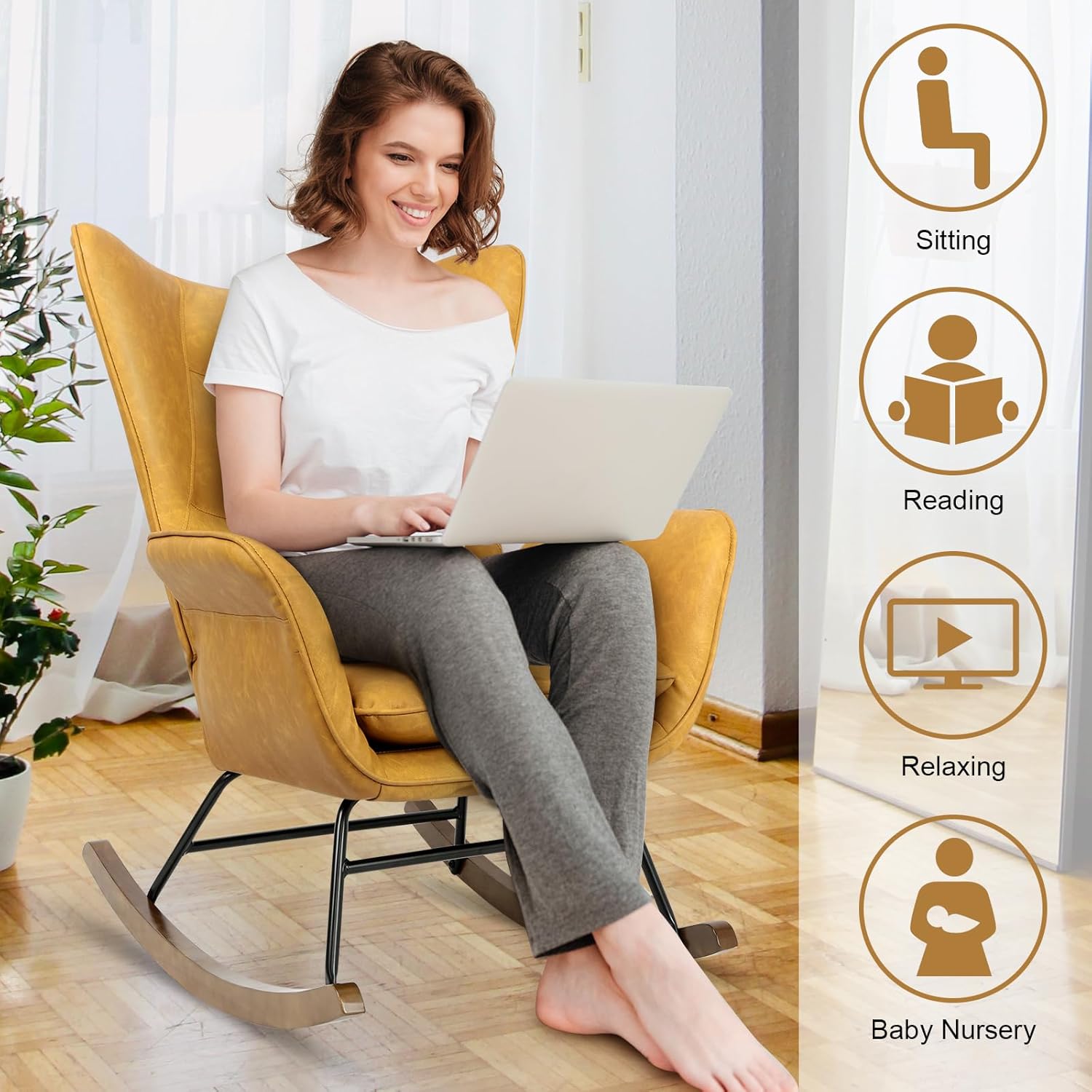 Mecedora de piel sintética, sillón moderno con respaldo alto, cómoda silla planeadora con asiento acolchado para guardería, dormitorio, sala de