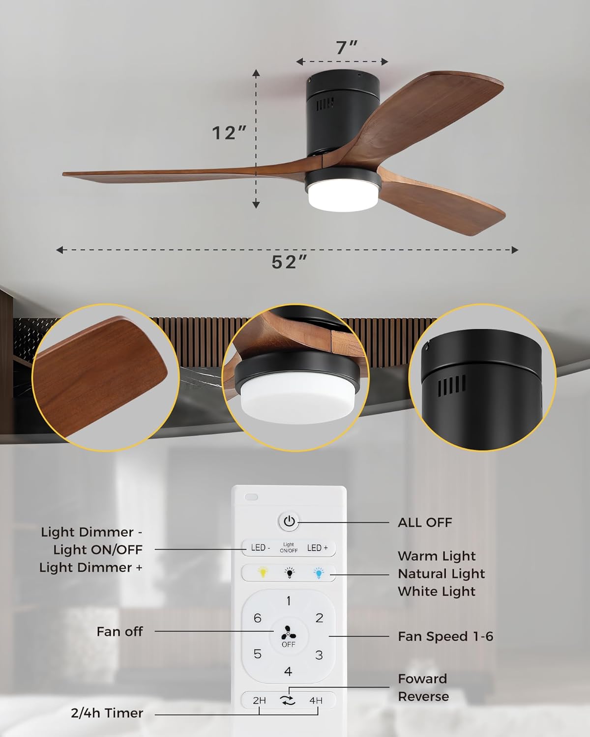CACI Mall Ventilador de techo de 52 pulgadas con luces, ventiladores de techo de perfil bajo de montaje empotrado con control remoto de 6